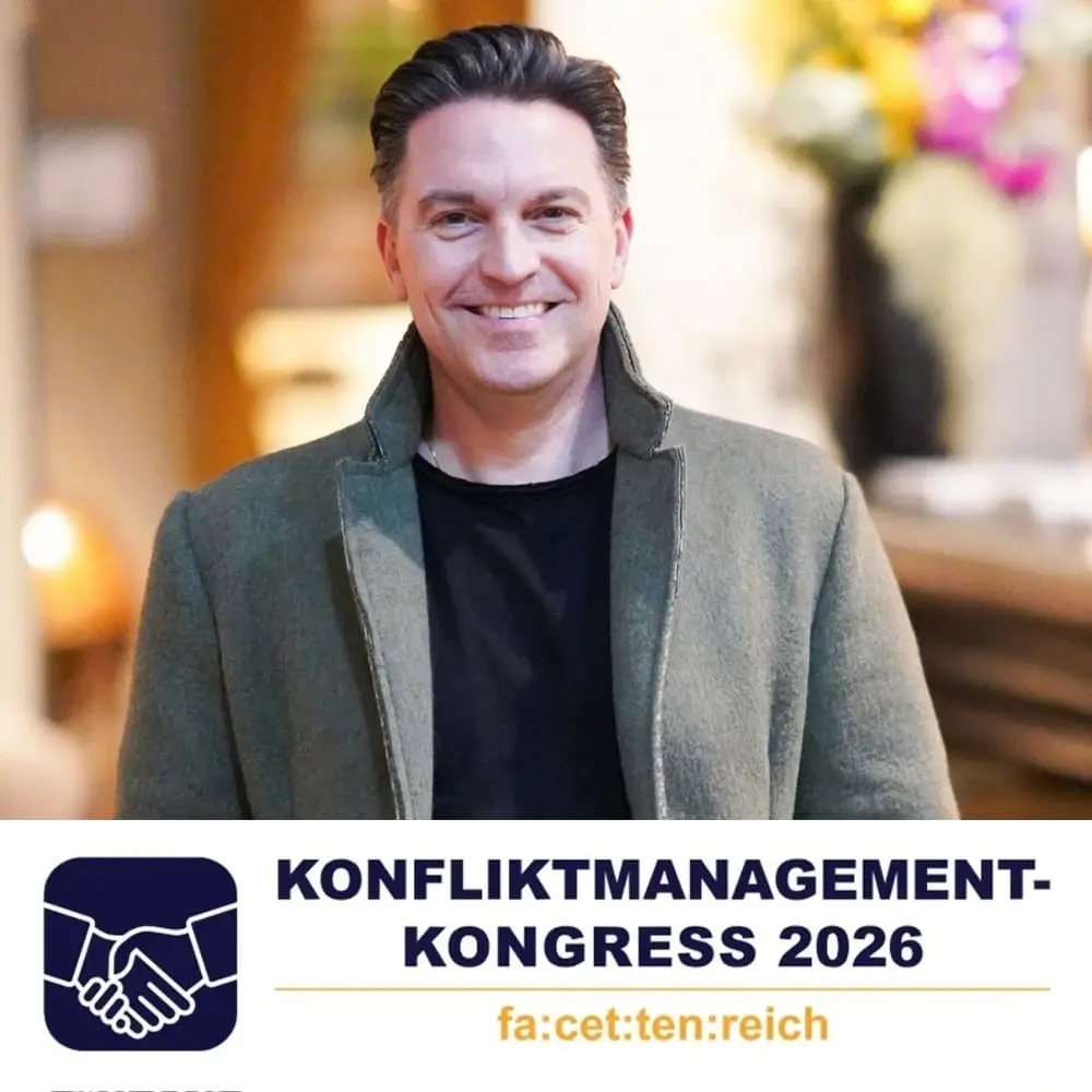 Konfliktmanagementkongress 2026 mit Portrait von Sacha Hold